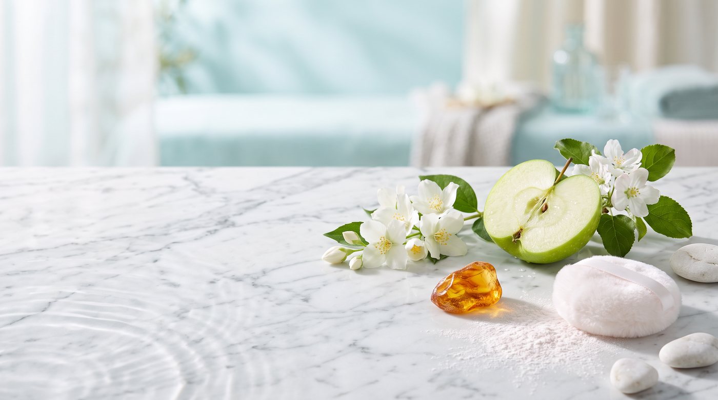Jasmin, grüner Apfel, Amber und Puder auf weißem Marmor im Licht des Wassers